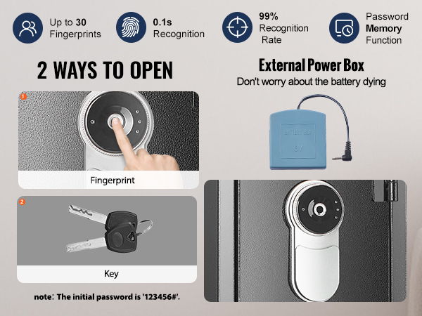 two-way access fingerprint and key lock for VEVOR gun safe with 0.1s recognition and external power box.