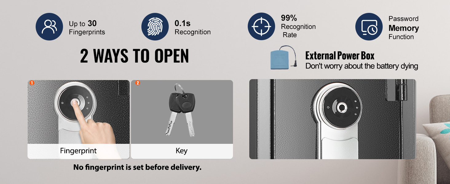 two-way access fingerprint and key lock for VEVOR gun safe with 0.1s recognition and external power box.