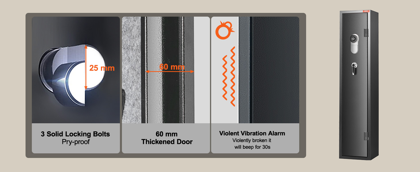 VEVOR gun safe features 3 solid locking bolts, 60 mm thickened door, vibration alarm, and silent mode.