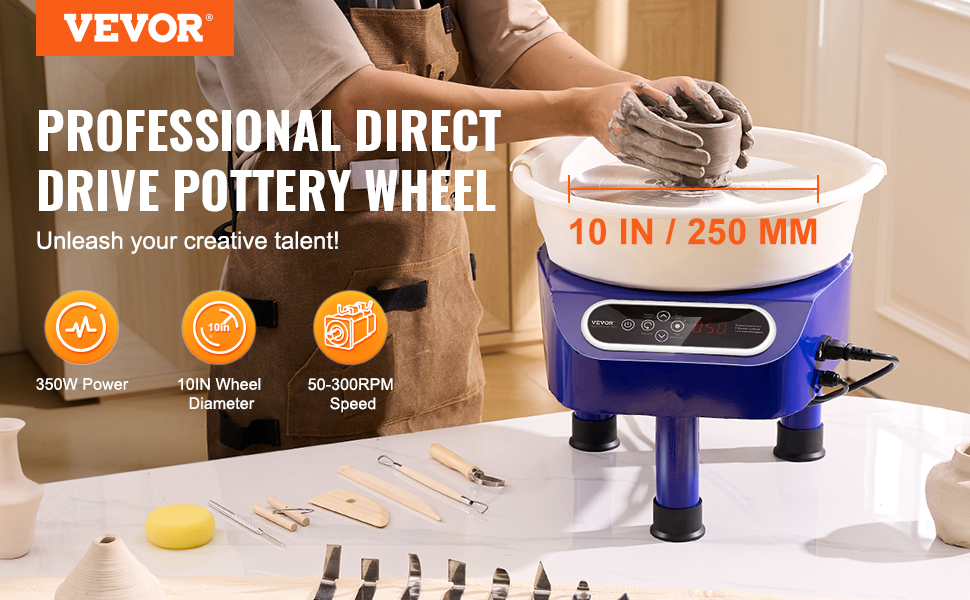 person using VEVOR pottery wheel with 10 inches diameter, surrounded by pottery tools and clay.