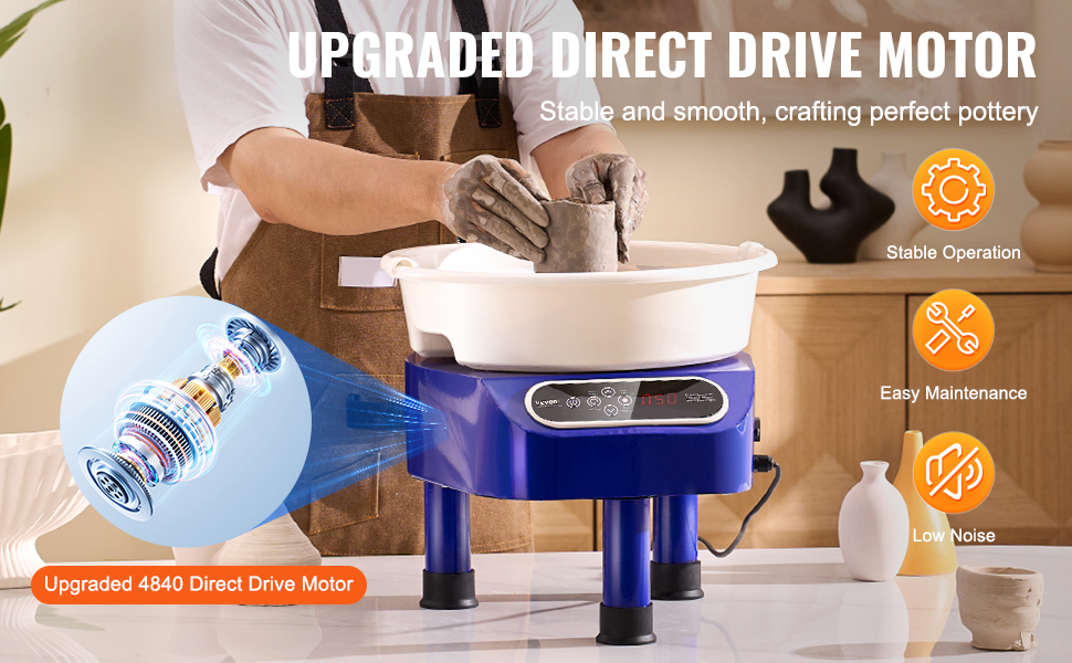 pottery artist using VEVOR pottery wheel with upgraded direct drive motor for stable and smooth crafting.
