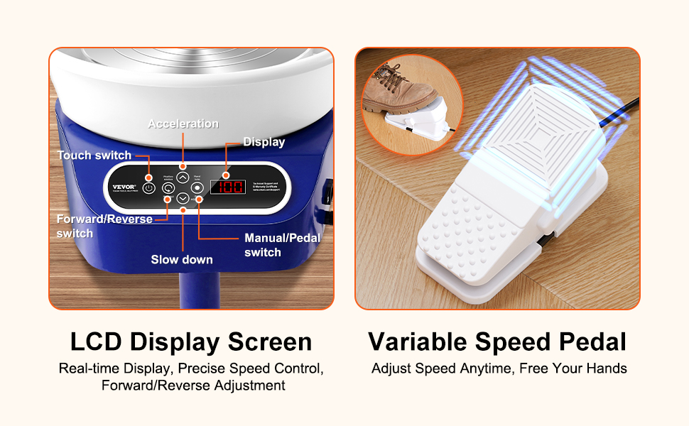 VEVOR pottery wheel with lcd display and variable speed pedal for precise control and real-time adjustment.