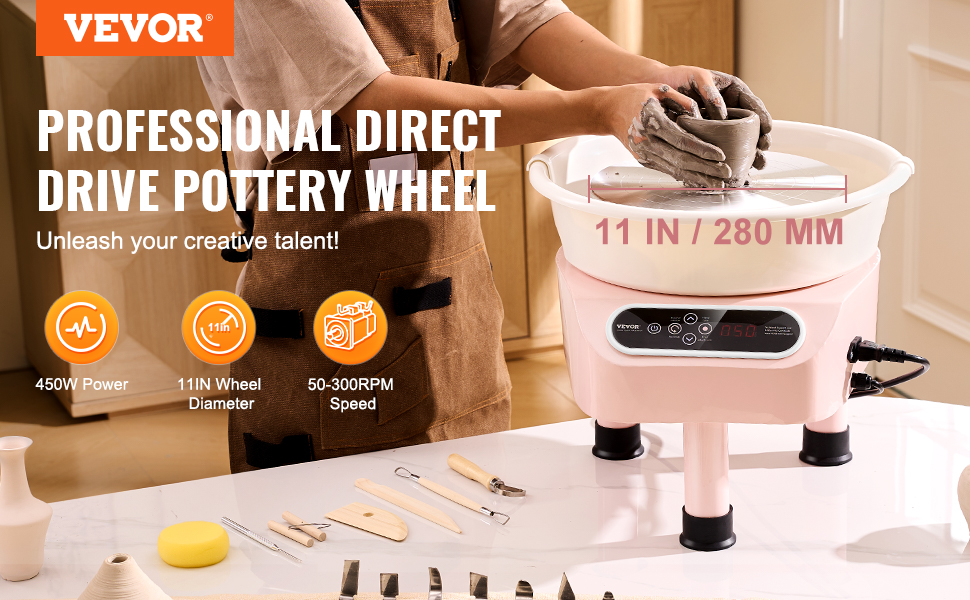 VEVOR pottery wheel with 11-inch diameter, 450w power, and adjustable speed, showcasing pottery tools.