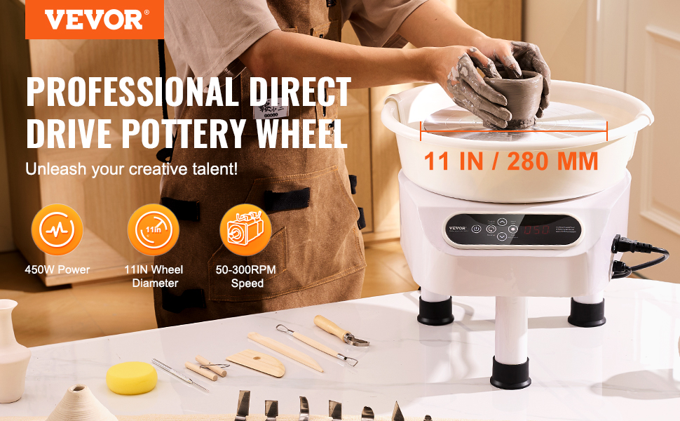 VEVOR pottery wheel with 11in diameter, 450w power, and 50-300rpm speed in a creative workspace.