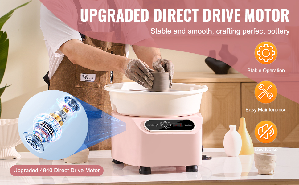 VEVOR pottery wheel with upgraded direct drive motor, stable operation, easy maintenance, low noise.
