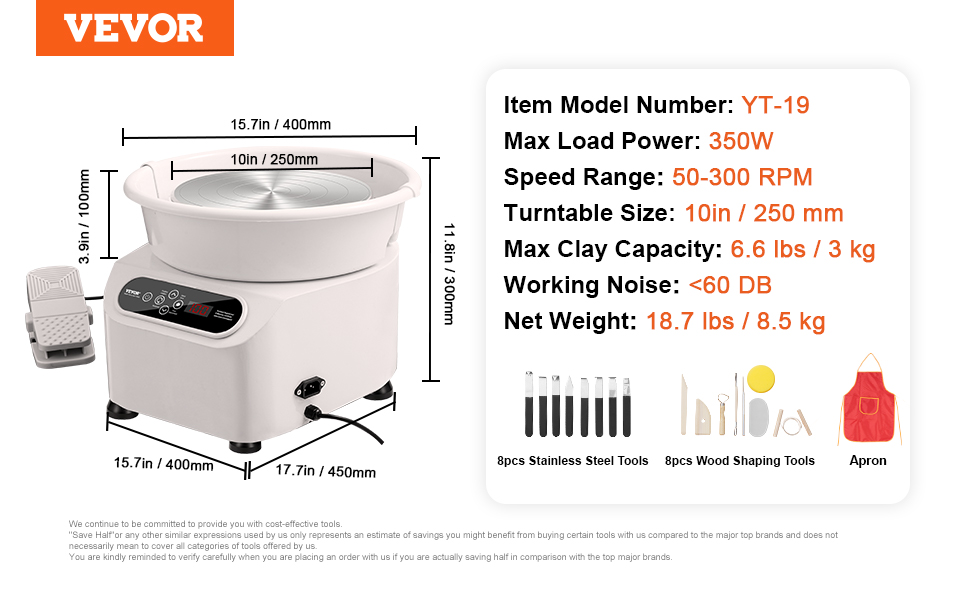 VEVOR pottery wheel yt-19 with 10in turntable, 350w power, 8.5kg weight, and included shaping tools.