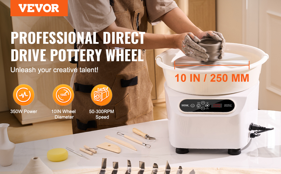 VEVOR pottery wheel with 350w power, 10-inch diameter, 50-300rpm speed, and tools laid out.