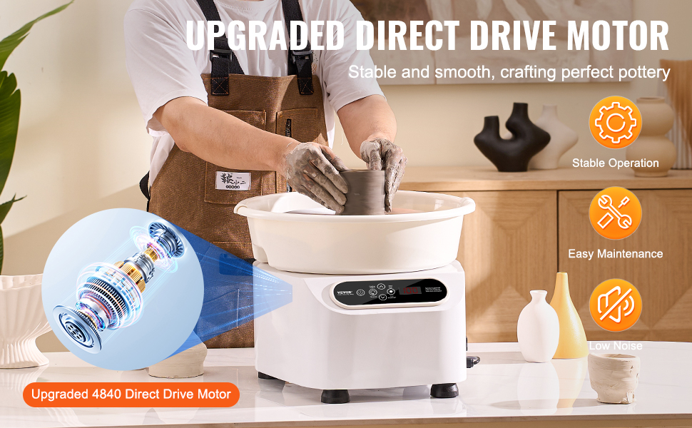 person using a VEVOR pottery wheel with upgraded direct drive motor for smooth and stable operation.
