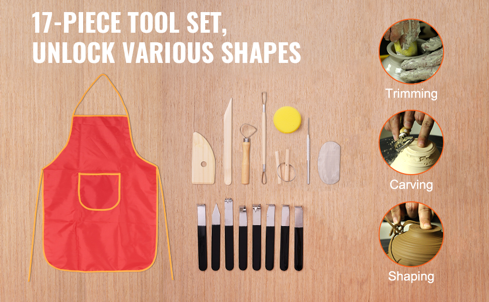17-piece pottery tool set with apron for trimming, carving, and shaping on a wooden background. VEVOR pottery wheel
