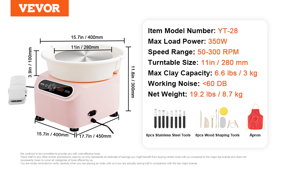 VEVOR pottery wheel yt-28, 350w power, 50-300 rpm, 11in turntable, includes 16 tools and apron.