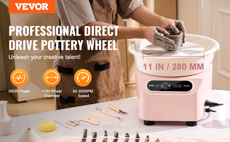 VEVOR pottery wheel with 350w power, 11in diameter, and 50-300rpm speed for professional use.