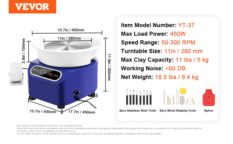 VEVOR pottery wheel yt-37 with 11" turntable, 450w power, 50-300 rpm, 8 pcs tools, and apron.