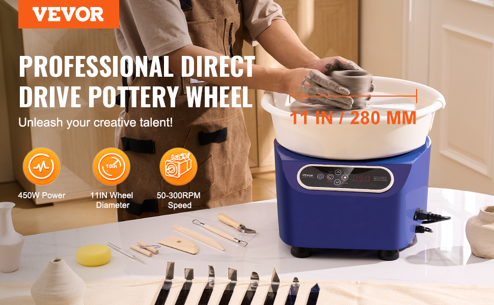VEVOR pottery wheel with 11-inch diameter, 450w power, 50-300rpm speed, and pottery tools in view.