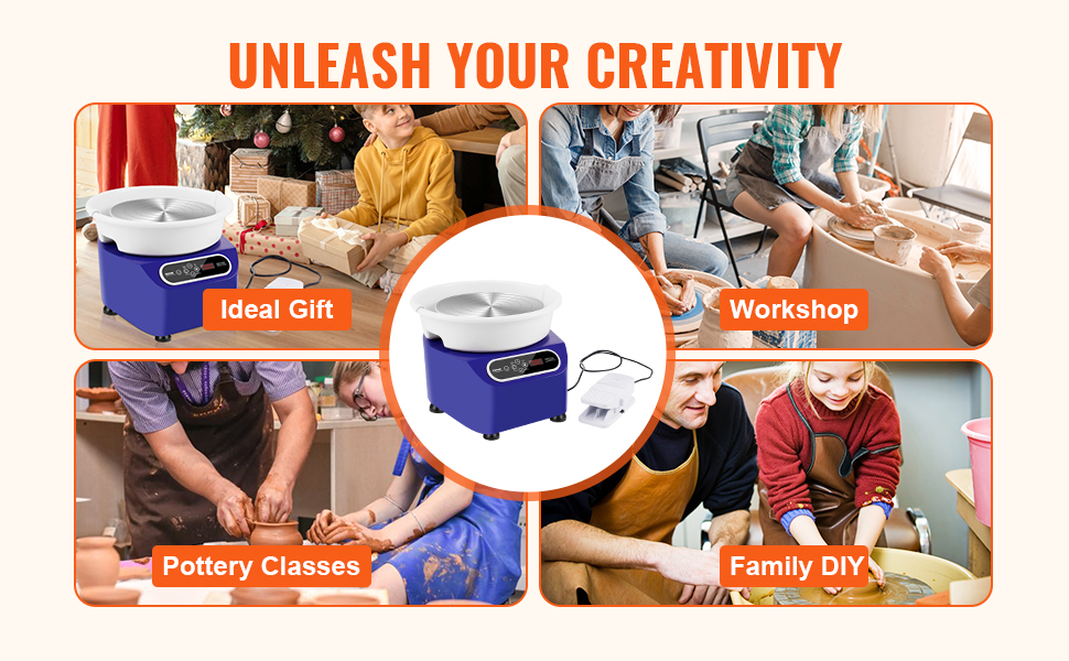 VEVOR pottery wheel showcased in various settings: workshops, pottery classes, family diys, and as an ideal gift.