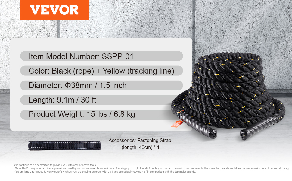 VEVOR battle rope, black and yellow, 9.1m length, 38mm diameter, 15 lbs, includes fastening strap.