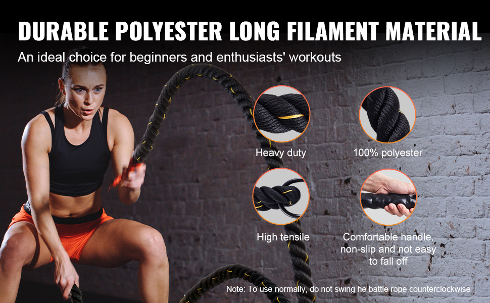 VEVOR battle rope - durable polyester long filament, heavy duty, high tensile, non-slip comfortable handle.