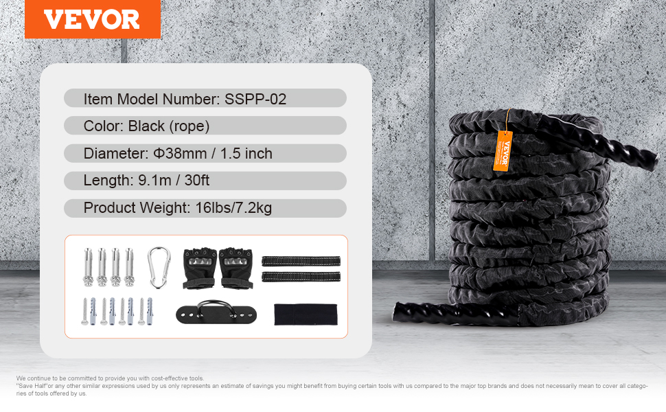 VEVOR battle rope, 1.5-inch diameter, 30ft length, black, 16lbs, with installation accessories included.