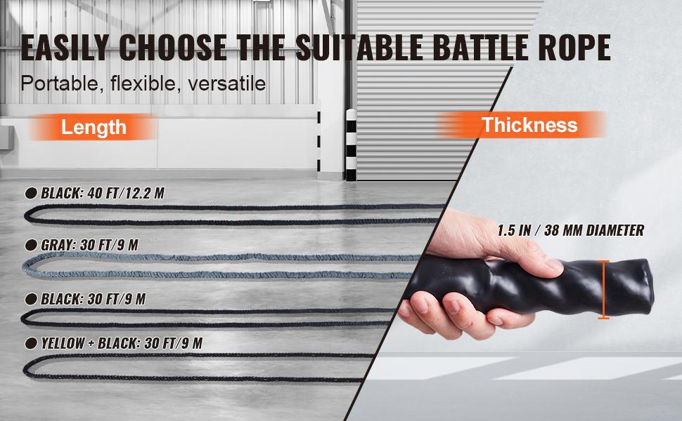 VEVOR battle rope options in various lengths and colors with 1.5-inch diameter in a gym setting.