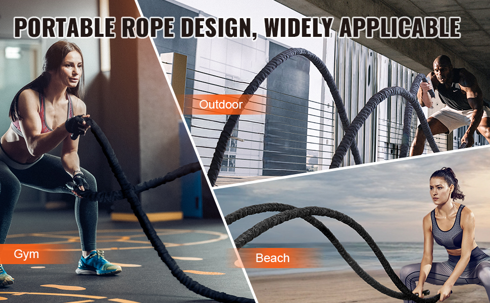 VEVOR battle rope used in gym, outdoor, and beach settings for versatile fitness workouts.