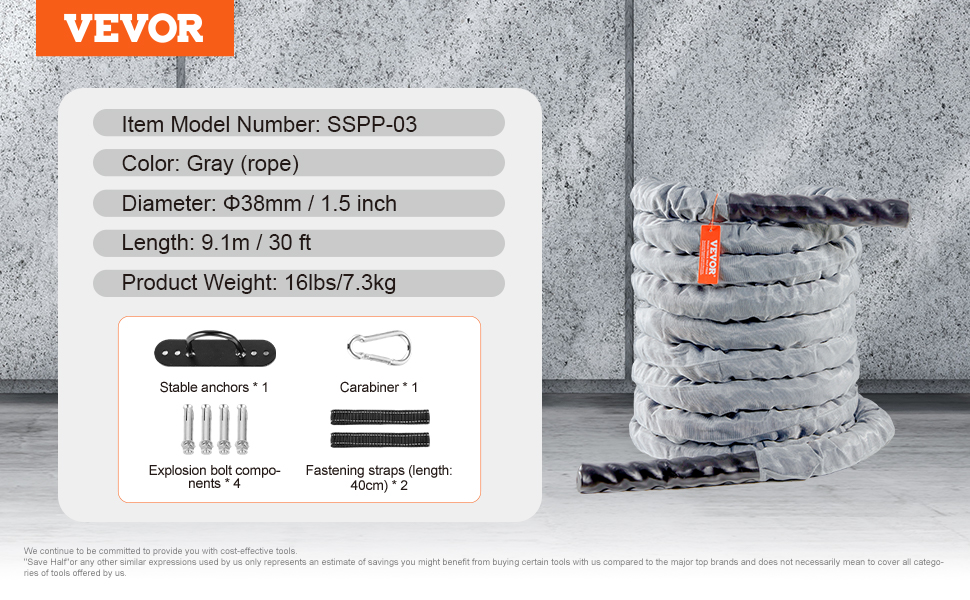VEVOR battle rope, gray, 38mm diameter, 9.1m length; includes stable anchors, carabiner, and straps.