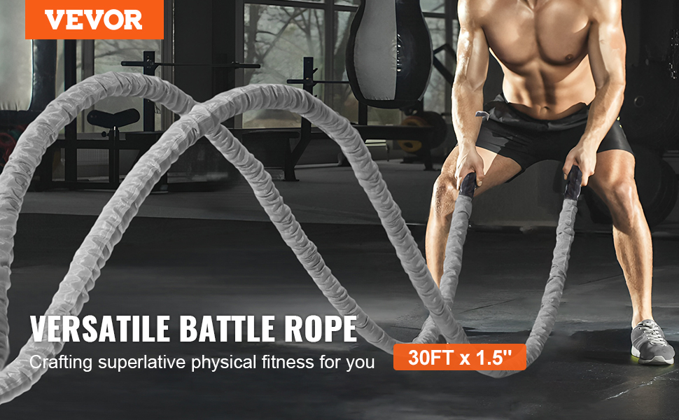 man using VEVOR battle rope in gym, shown mid-exercise with text overlay highlighting features.