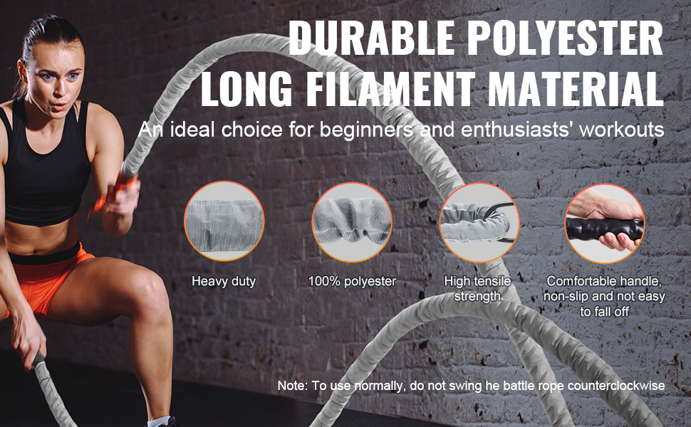 VEVOR battle rope in use, highlighting durability, 100% polyester, high tensile strength, and non-slip handle.