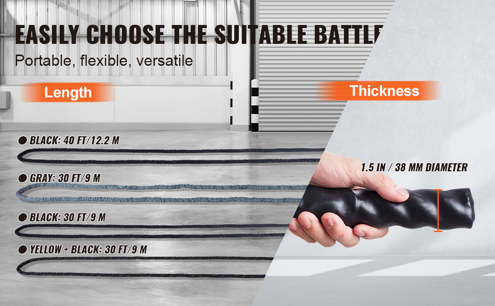 VEVOR battle rope options showing different lengths and a diameter of 1.5 inches. portable and versatile.