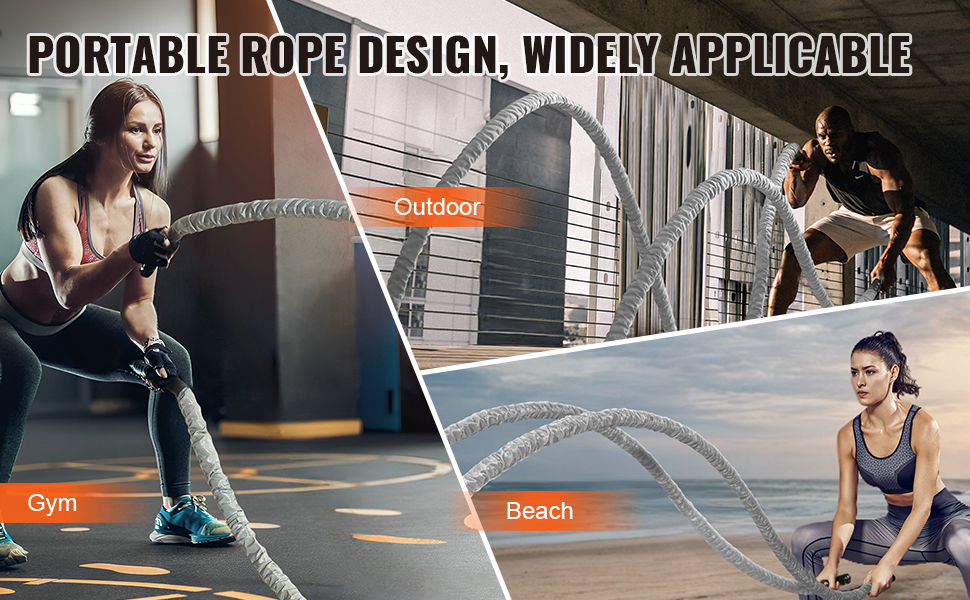 portable VEVOR battle rope for gym, outdoor, and beach workouts, showcasing versatile exercise options.