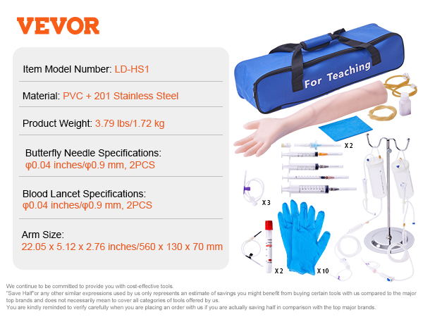 VEVOR phlebotomy practice kit with arm, syringes, needles, iv stand, gloves, and carrying bag.