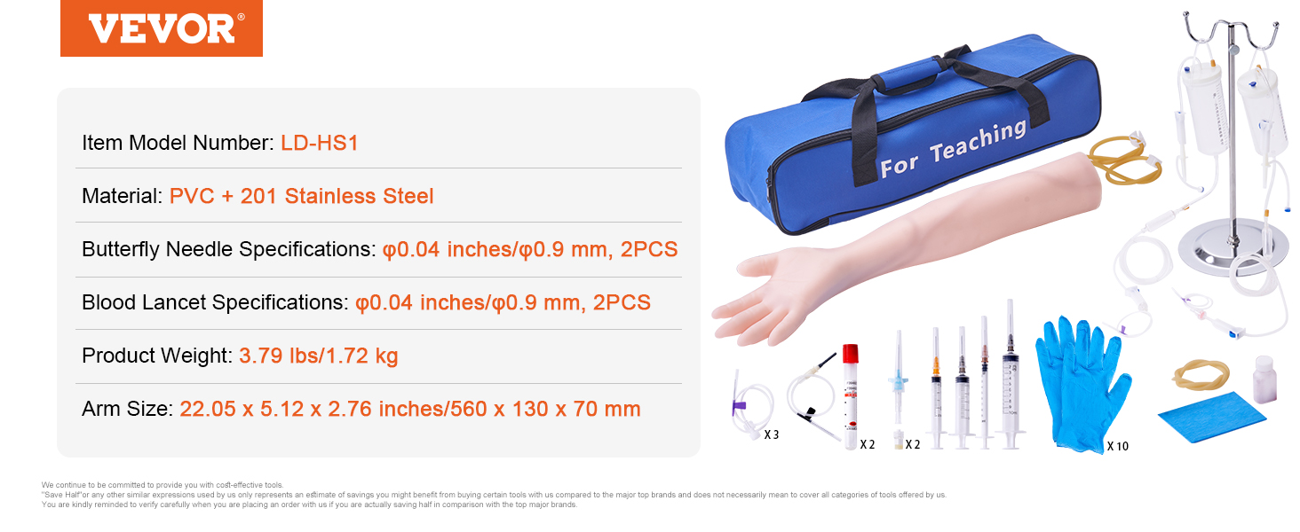 VEVOR phlebotomy practice kit with arm, syringes, needles, iv stand, gloves, and carrying bag.