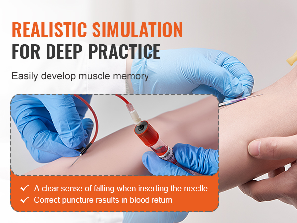 gloved hands practicing phlebotomy on an arm, showcasing the VEVOR phlebotomy practice kit's realistic simulation.