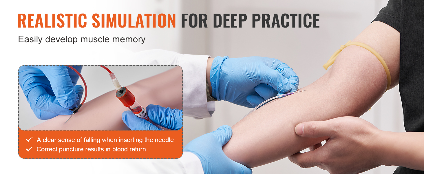 gloved hands practicing phlebotomy on an arm, showcasing the VEVOR phlebotomy practice kit's realistic simulation.