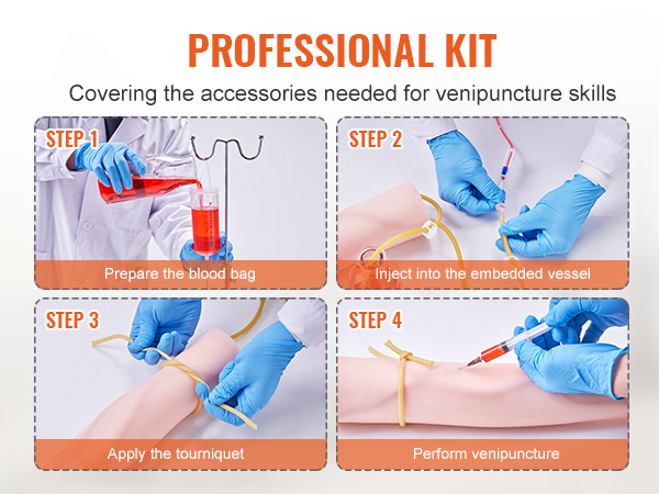 professional VEVOR phlebotomy practice kit illustrating four steps for practicing venipuncture skills.