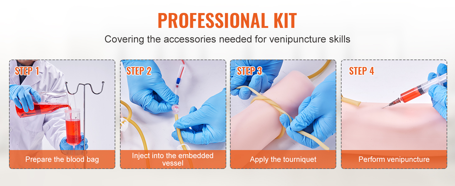 professional VEVOR phlebotomy practice kit illustrating four steps for practicing venipuncture skills.