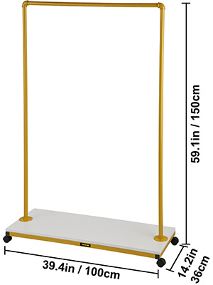 VEVOR clothing garment rack, 39.4in wide, 59.1in high, 14.2in deep, yellow frame with white base.