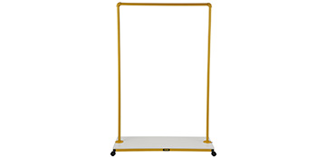 yellow VEVOR clothing garment rack with white base and black caster wheels.