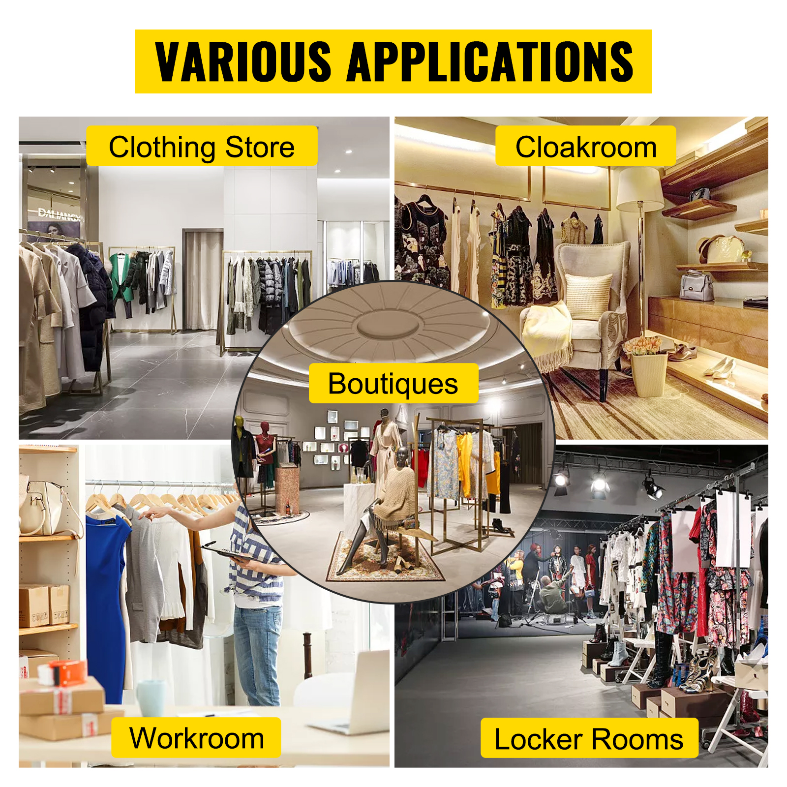 various VEVOR clothing garment rack uses: clothing store, cloakroom, workroom, boutiques, locker rooms.