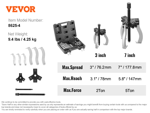 VEVOR gear puller set with 2 threaded rod bases, 6 jaws, and carrying case, model xc6527.