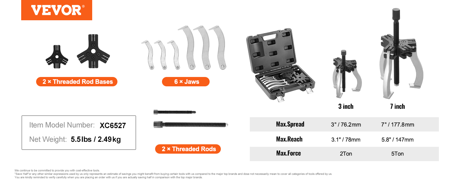 VEVOR gear puller set with 2 threaded rod bases, 6 jaws, and carrying case, model xc6527.