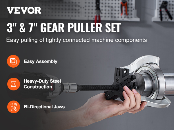 VEVOR 3" & 7" gear puller set, easy assembly, heavy-duty steel, bi-directional jaws.