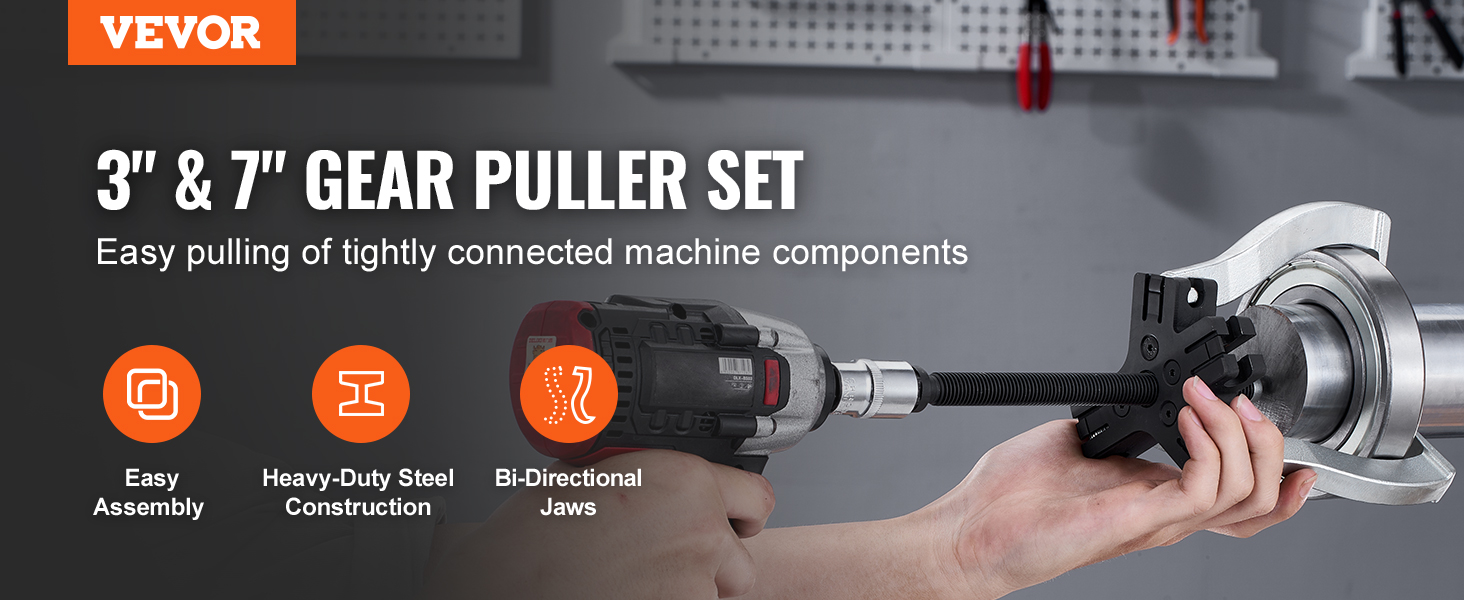 VEVOR 3" & 7" gear puller set, easy assembly, heavy-duty steel, bi-directional jaws.