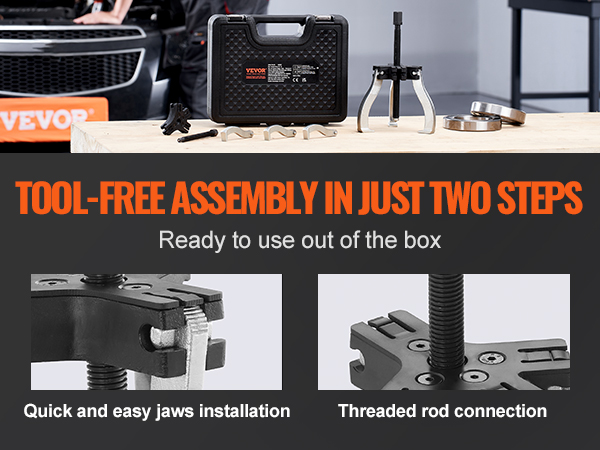 VEVOR gear puller set with tool-free assembly steps and ready-to-use durability on a wooden table.