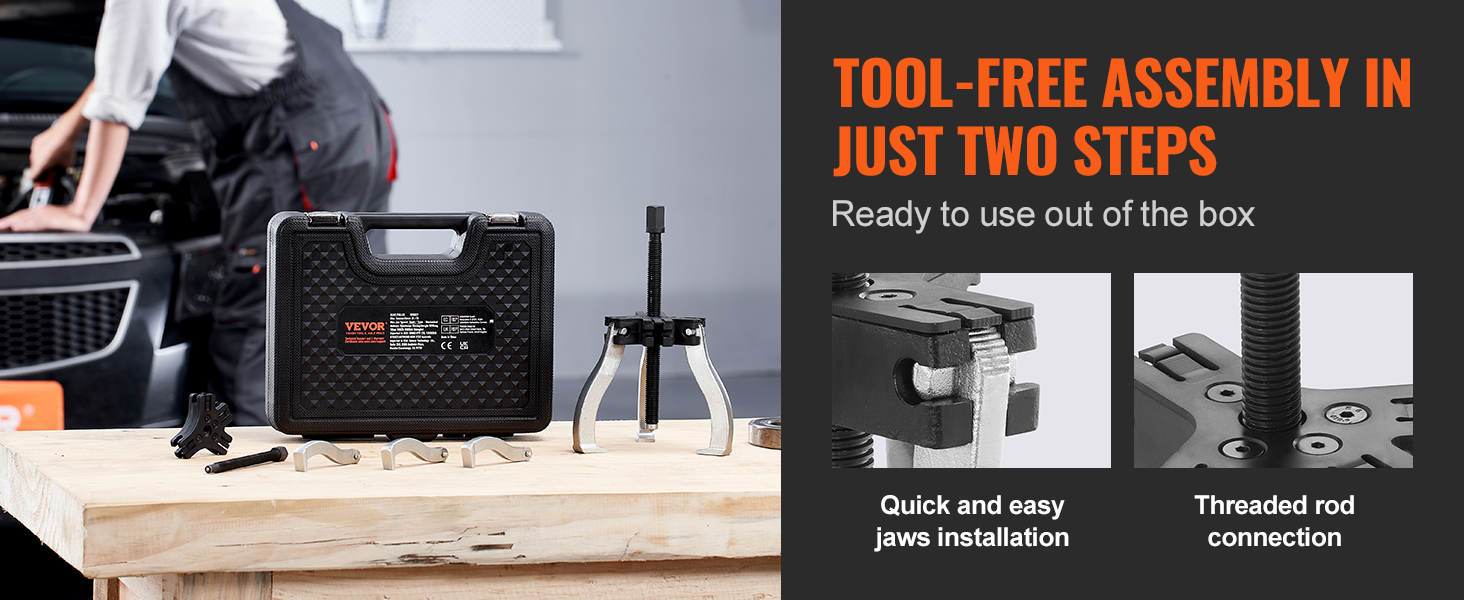 VEVOR gear puller set with tool-free assembly steps and ready-to-use durability on a wooden table.