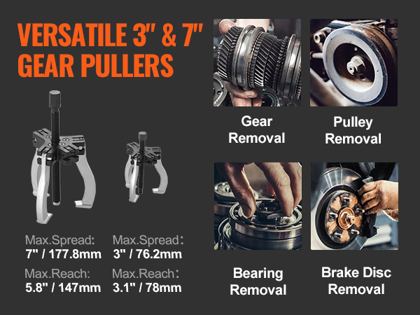 VEVOR gear puller set, versatile 3" and 7", for gear, pulley, bearing, and brake disc removal.