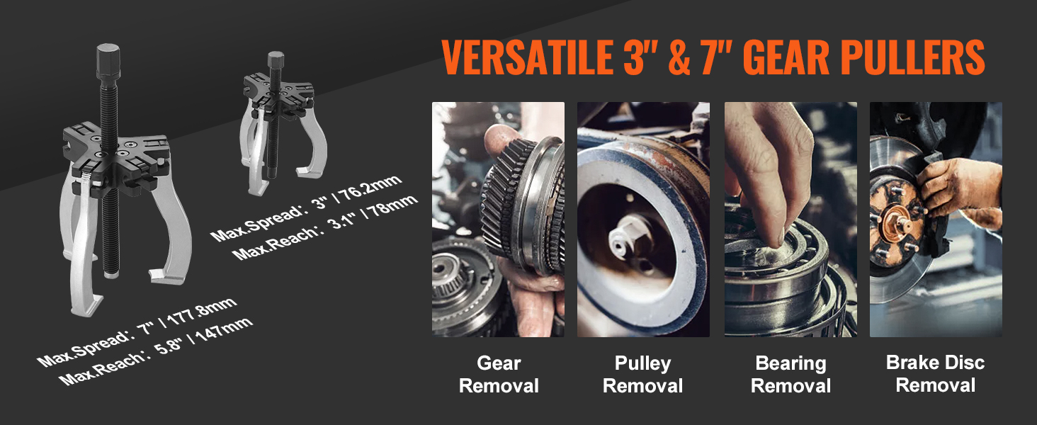 VEVOR gear puller set, versatile 3" and 7", for gear, pulley, bearing, and brake disc removal.