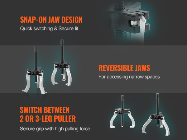 VEVOR gear puller set with snap-on jaw design, reversible jaws, and option to switch between 2 or 3 legs.