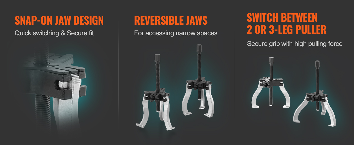 VEVOR gear puller set with snap-on jaw design, reversible jaws, and option to switch between 2 or 3 legs.