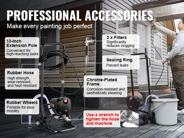 VEVOR airless paint sprayer with accessories: 13-inch extension pole, rubber hose, wheels, filters, sealing ring.