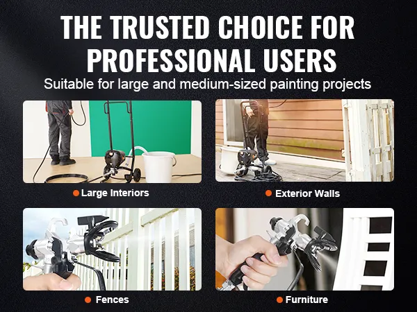VEVOR airless paint sprayer for large interiors, exterior walls, fences, and furniture painting projects.