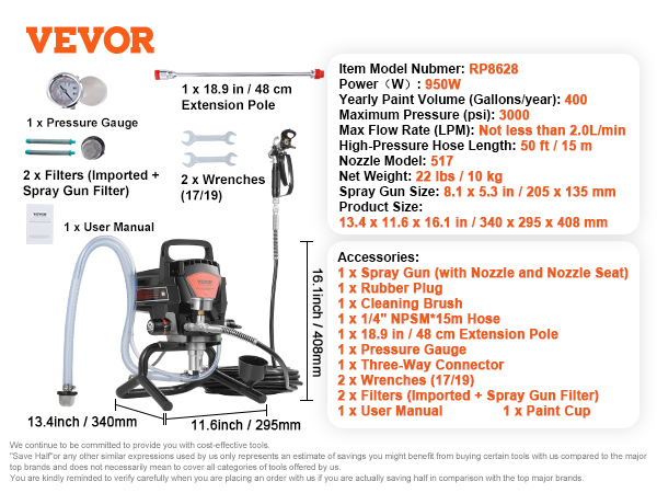 VEVOR airless paint sprayer with 950w power, spray gun, hose, and various accessories. complete set.
